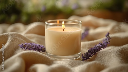 Cozy aromatic candle lit among lavender flowers on linen fabric photo