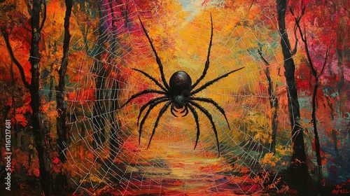 A striking and colorful artistic representation of a large black spider hanging in its intricate web, set against a vibrant autumn forest background. The scene is filled with vivid shades of orange, r photo