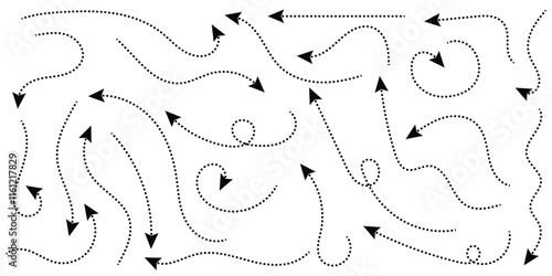 Hand drawn dotted arrows set. Sketch curved dashed arrows design. Arrow handmade. Doodle arrows of varios shapes and directions.