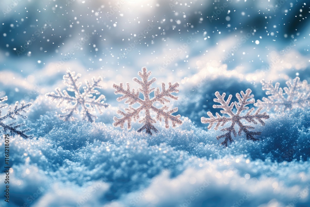 A group of snowflakes sits atop a pile of snow, capturing the winter season's beauty A group of snowflakes sits atop a pile of snow, capturing the winter season's beauty