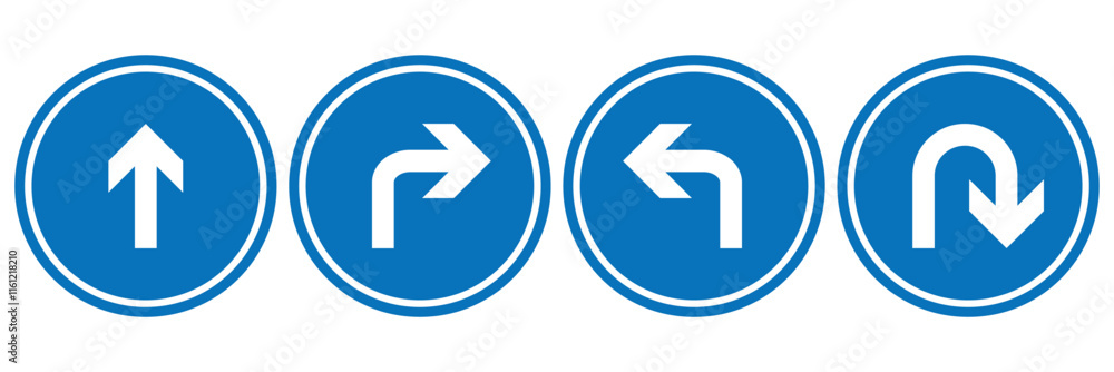 Go straight this way one way only u turn left and right arrow direction icon vector illustration isolated on white background. Go straight this way one way only u turn left and right arrow direction icon vector illustration isolated on white background.