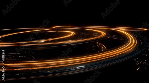 Abstract glowing orange light trails forming concentric circles on dark background.