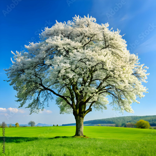 white blooming tree in a green meadow first bloomi photo