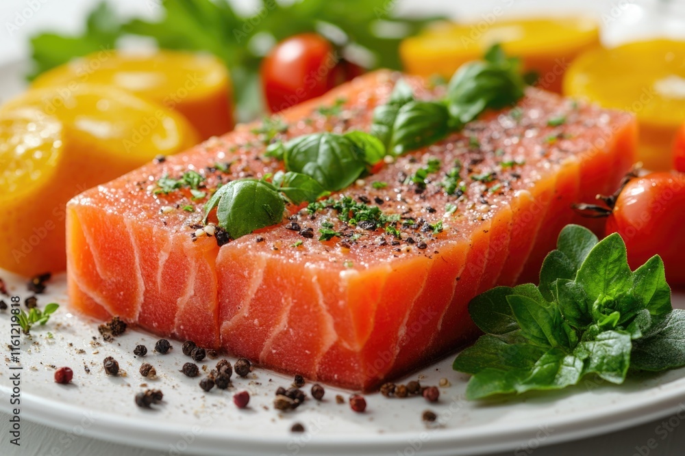 Fresh salmon fillet served with assorted vegetables on a clean white plate, perfect for meal inspiration or food styling Fresh salmon fillet served with assorted vegetables on a clean white plate, perfect for meal inspiration or food styling