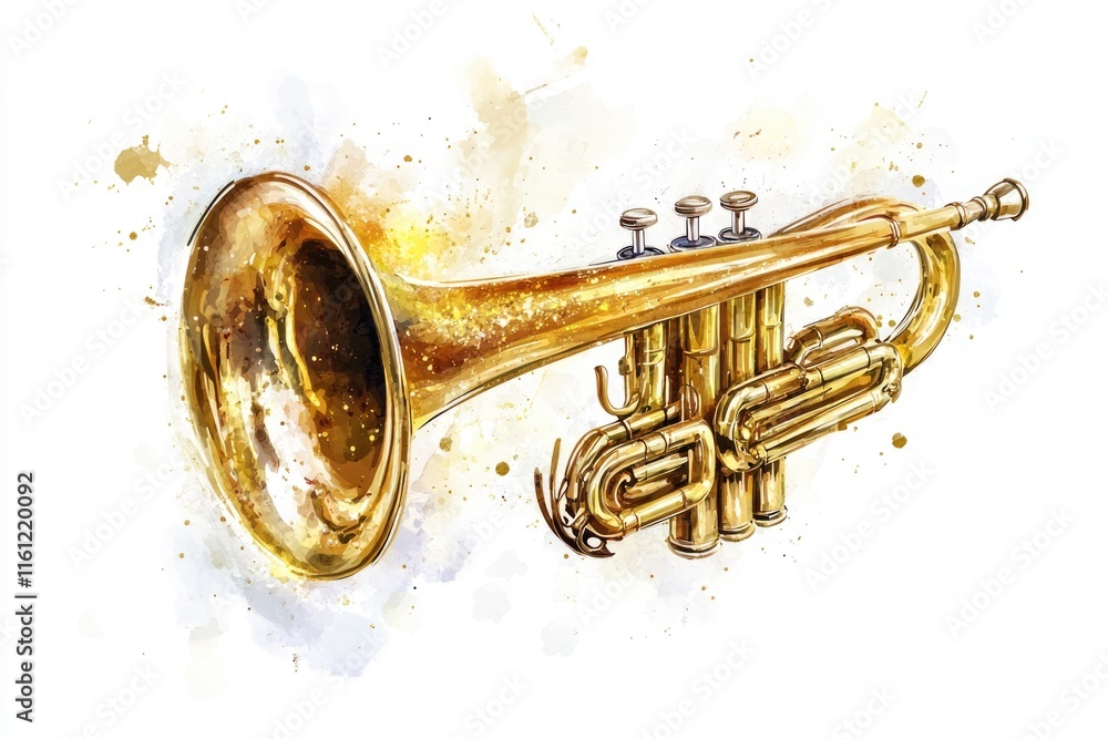 Naklejka premium Watercolor illustration of a golden trumpet with intricate details and ornate design