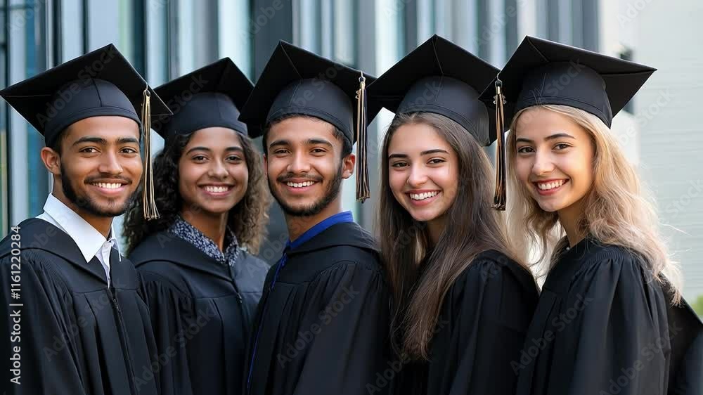 Group of smiling diverse students in caps and gowns posing together outdoors, celebrating their graduation with joy and excitement in the sunlight Group of smiling diverse students in caps and gowns posing together outdoors, celebrating their graduation with joy and excitement in the sunlight