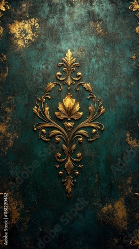 Ornate Gold Damask Design on Dark Teal Textured Background