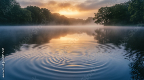 Fototapeta Naklejka Na Ścianę i Meble -  Tranquil morning at a misty lake with ripples in the water under a colorful sky