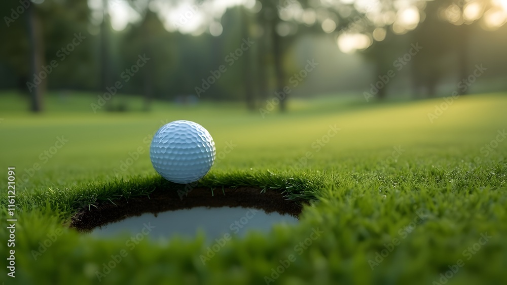 Serene Golf Ball on Lush Green at Sunrise, Tranquil Fairway Scene Serene Golf Ball on Lush Green at Sunrise, Tranquil Fairway Scene