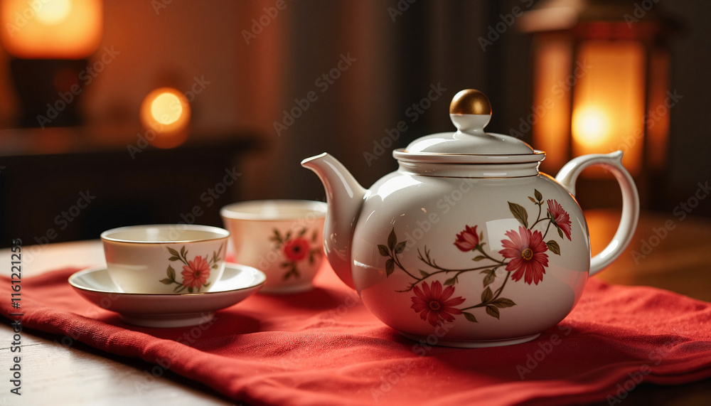 Teapot and cups on red cloth against softly lit background Teapot and cups on red cloth against softly lit background