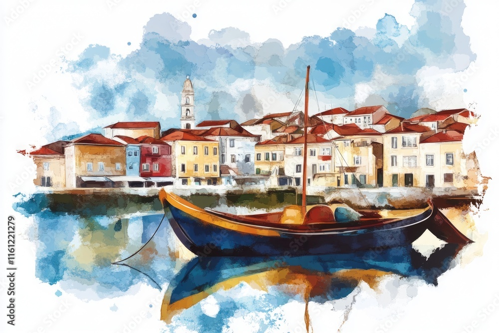 Fototapeta premium A watercolor painting of a peaceful boat in a quiet harbor, perfect for use as a calm and serene background image
