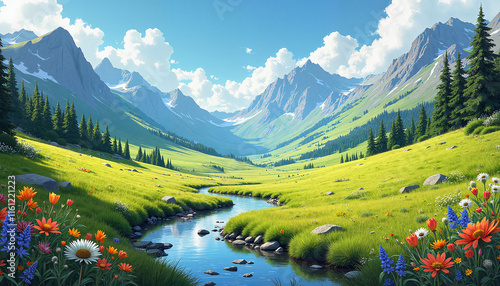 Illustration of a Birds-eye View of a Quiet Alpine Meadow, with Colorful Wildflowers and a Meandering Stream