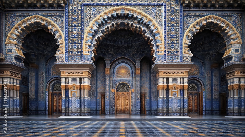 Fototapeta premium Majestic Blue Mosaic Mosque Entrance With Arched Architecture