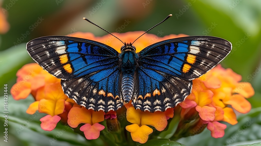 Fototapeta premium Blue Butterfly Resting on Orange Flowers