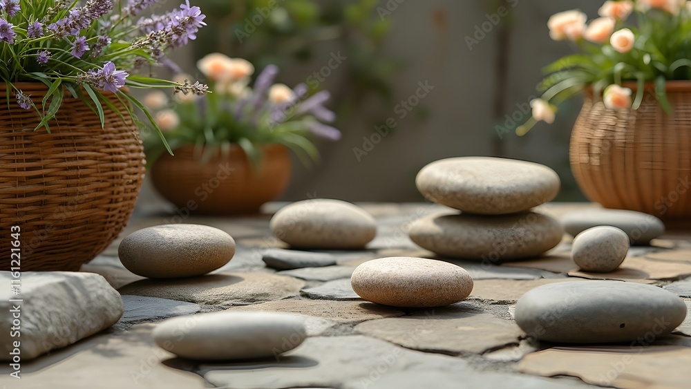 Serene Spa Oasis, Zen Stones, Lavender, Roses & Cherry Blossoms on Weathered Limestone Serene Spa Oasis, Zen Stones, Lavender, Roses & Cherry Blossoms on Weathered Limestone