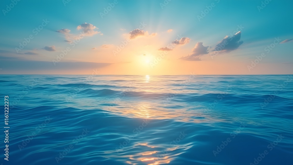 Fototapeta premium Serene Dawn Ocean Landscape, Mesmerizing Sunlight on Rippling Waves, Tranquil Sea Reflecting Cerulean Sky