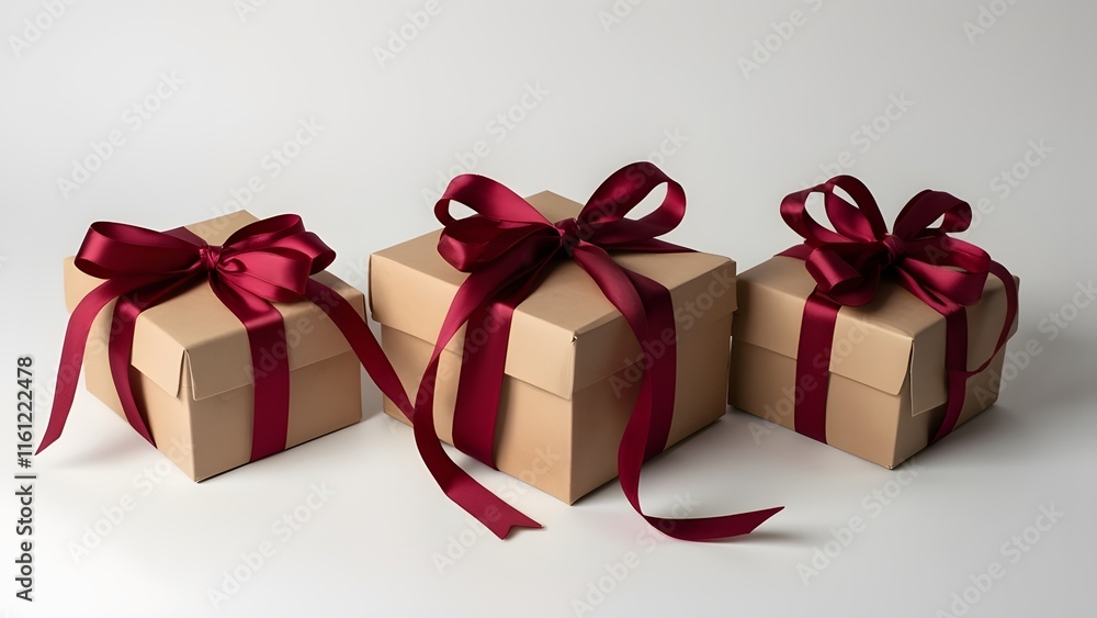 Obraz premium Elegant Eco-Friendly Gift Boxes with Crimson Satin Ribbons, Sustainable Packaging for Presents