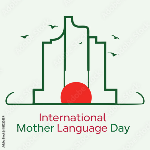 International Mother Language Day with a stylized monument and red circle, symbolizing the importance of linguistic diversity.