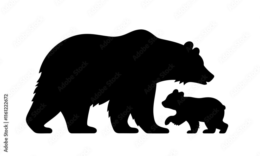 Fototapeta premium Silhouettes of a mother bear and her cub, isolated on a white background. Vector illustration