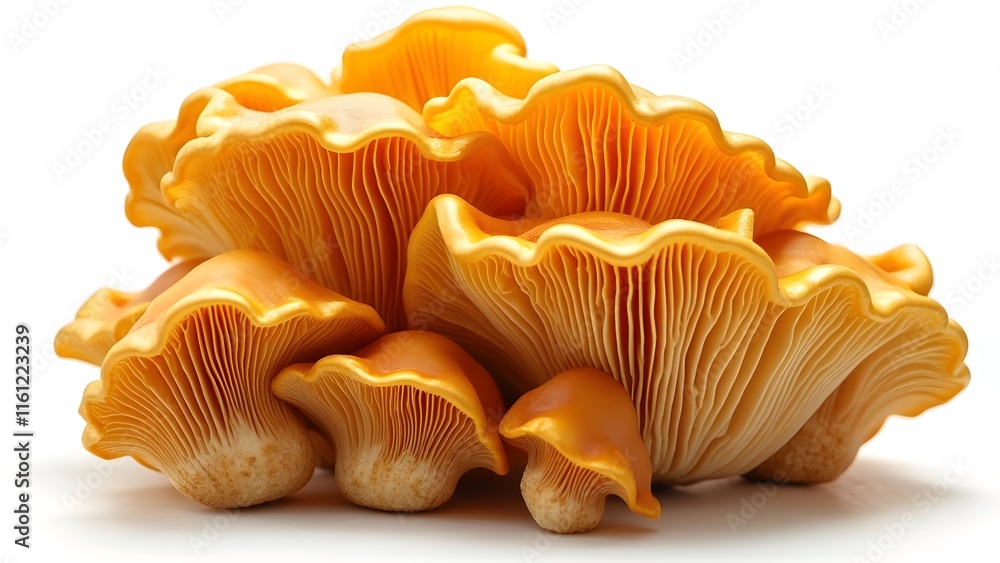 Golden Chanterelle Mushrooms Cluster, Detailed Macro Photography of Vibrant, Sun-Kissed Fungi on White Background Golden Chanterelle Mushrooms Cluster, Detailed Macro Photography of Vibrant, Sun-Kissed Fungi on White Background