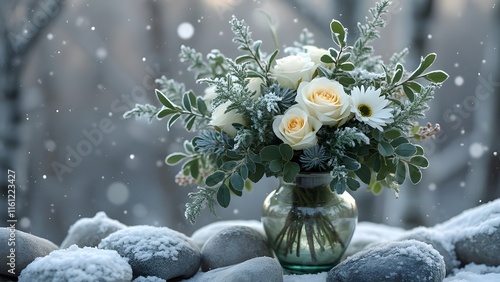 Delicate Winter Wonderland Floral Bouquet, Snowy Roses, Eucalyptus, and Mistletoe in a Mercury Glass Vase