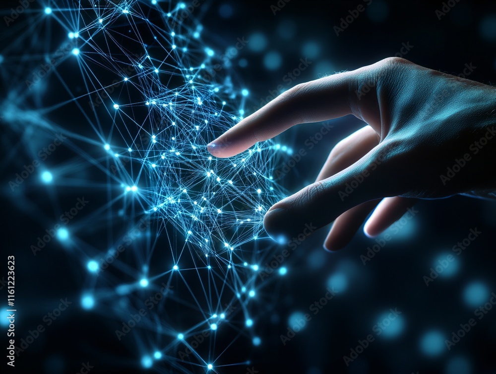 Hand interacting with a glowing digital network of interconnected nodes. Concept of technology, communication and innovation, digital, network, network visualization Hand interacting with a glowing digital network of interconnected nodes. Concept of technology, communication and innovation, digital, network, network visualization