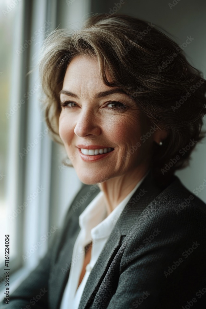 A happy woman smiling and gazing out of a window, possibly thinking about something or someone A happy woman smiling and gazing out of a window, possibly thinking about something or someone