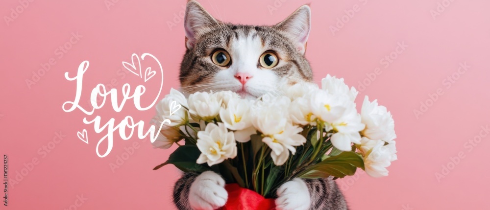 Fototapeta Adorable Cat Holding a Bouquet of White Flowers, Saying Love You