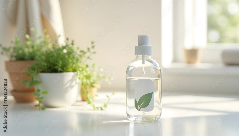 Natural skincare bottle with leaf label on minimalistic table beside potted plant and sunlight Natural skincare bottle with leaf label on minimalistic table beside potted plant and sunlight
