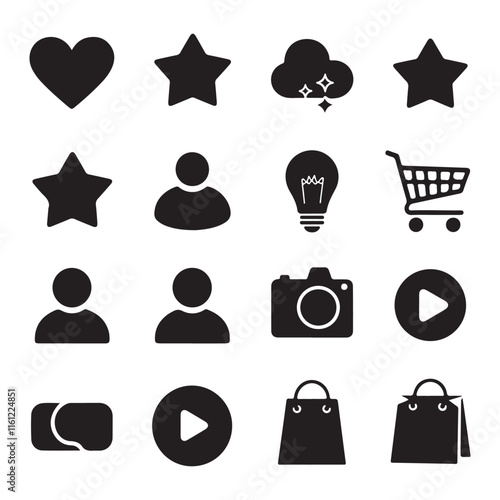 Collection of simple silhouette icons featuring shopping and multimedia symbols useful for user interface design. Vector illustration