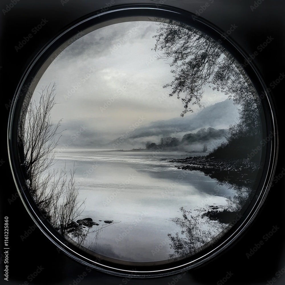 A serene black and white landscape featuring a calm body of water