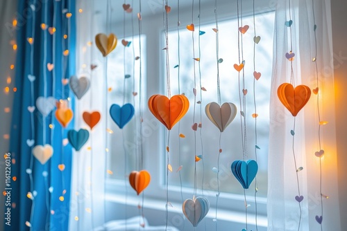 Wallpaper Mural Colorful Hanging Paper Hearts on String by Sunny Window with Soft Light for Valentine's Day Celebration Romance Concept Torontodigital.ca