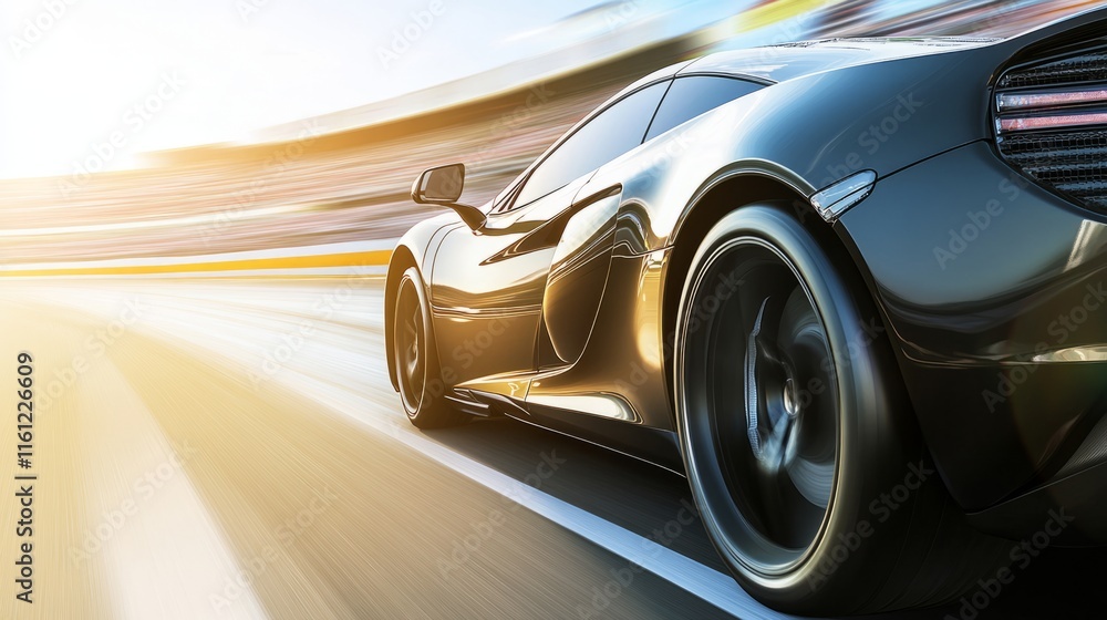 Fototapeta premium Red sports car racing at high speed on a drag strip, showcasing the thrill of competition and the pursuit of performance excellence