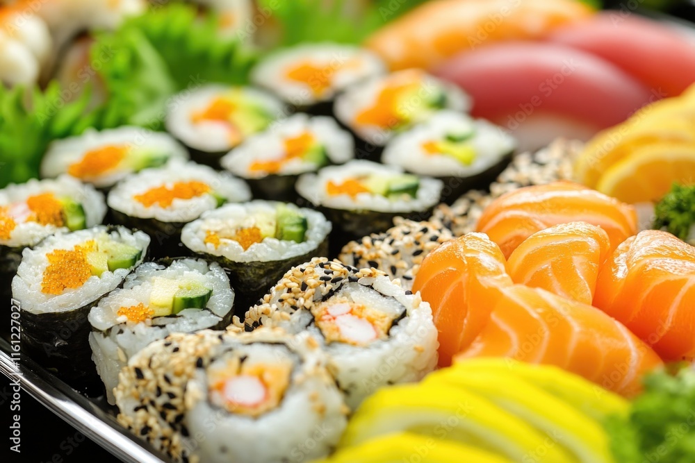 Fresh sushi and colorful vegetables on a table, perfect for food photography or meal planning Fresh sushi and colorful vegetables on a table, perfect for food photography or meal planning