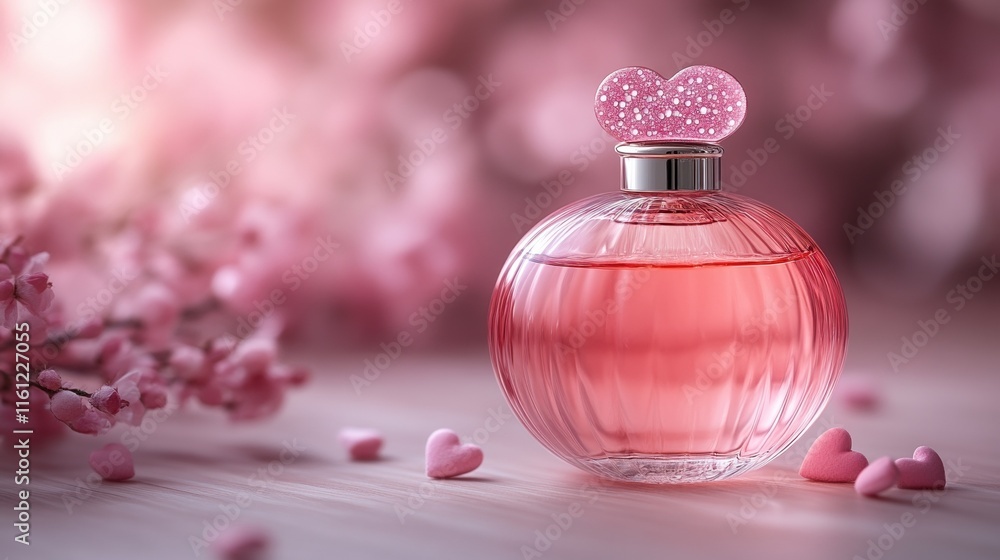 Elegant pink perfume bottle with heart shaped cap and floral background Elegant pink perfume bottle with heart shaped cap and floral background