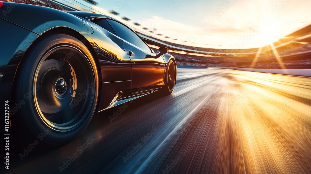 Fototapeta premium Red sports car racing at high speed on a drag strip, showcasing the thrill of competition and the pursuit of performance excellence
