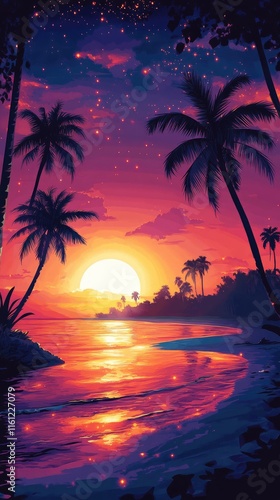 Vibrant Sunset Over Tropical Beach Palm Trees