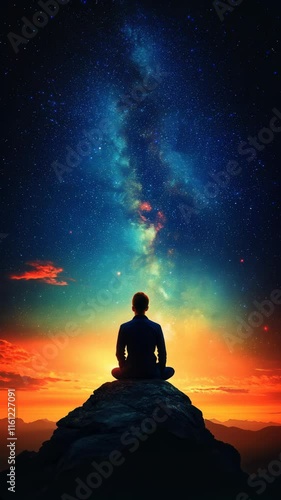 A man is sitting on a rock at sunset. The sky is filled with stars and the man is looking up at the sky