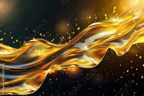 3D rendering, golden liquid, metallic moving liquid spray, heart shaped gel, golden splash clip art, artistic paint, abstract design elements isolated on black background. Luxury Beauty Concept