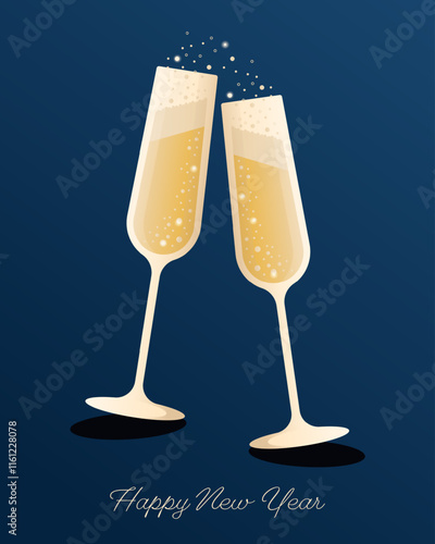 Champagne glasses on a blue background. Happy New Year inscription. Holiday card.