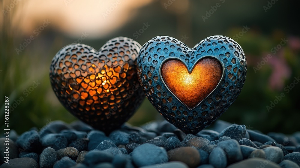 Fototapeta premium Romantic heart-shaped lanterns illuminate pebble garden at dusk