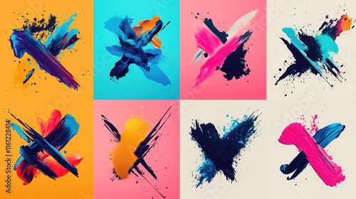 Abstract colorful brushstroke x shapes on vibrant backgrounds