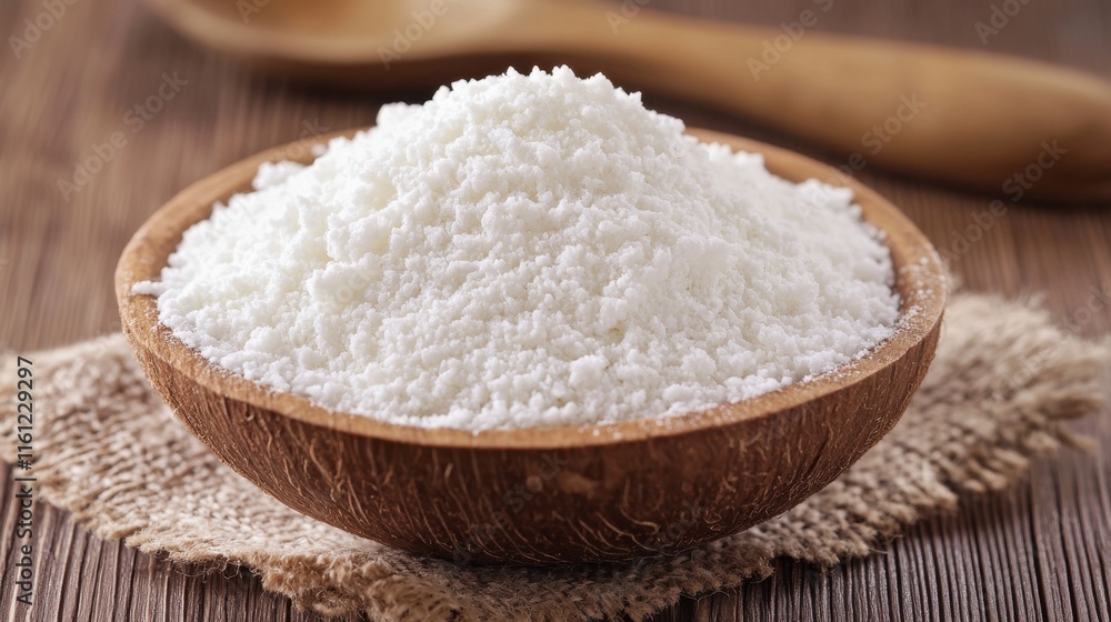 Fluffy white flour in rustic wooden bowl on jute background Fluffy white flour in rustic wooden bowl on jute background