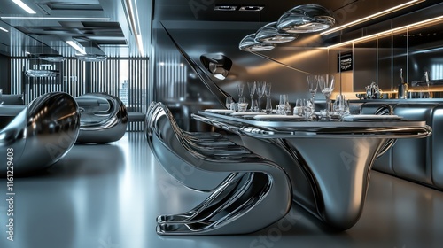 A futuristic dining room with metallic furniture, dramatic lighting, and a sleek modern look