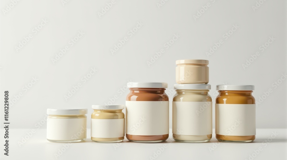 Row of five glass jars with blank labels and white lids, featuring assorted shades of brown contents against a plain white background Row of five glass jars with blank labels and white lids, featuring assorted shades of brown contents against a plain white background