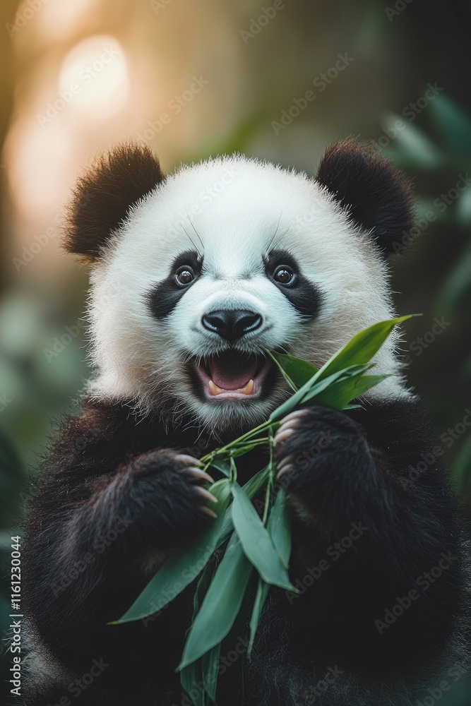 Fototapeta premium A cheerful panda munching on bamboo in a lush, green environment.