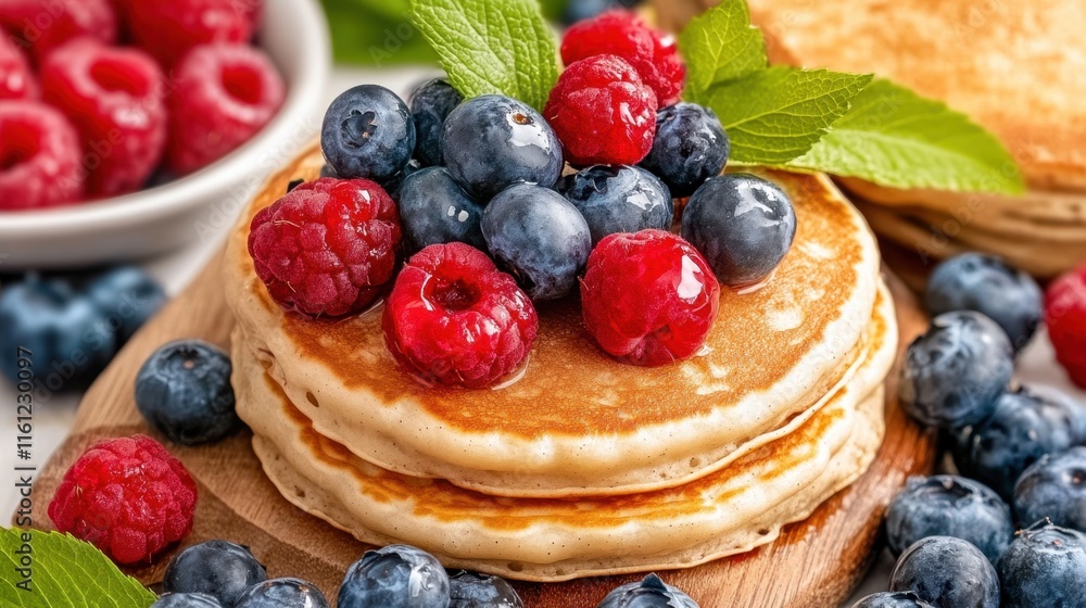 Delicious pancakes with fresh blueberries and raspberries garnished with mint leaves Delicious pancakes with fresh blueberries and raspberries garnished with mint leaves
