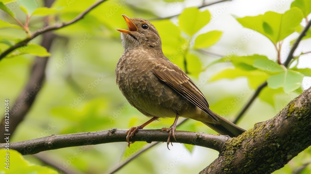 A small bird perched on a branch, singing amidst vibrant green leaves. A small bird perched on a branch, singing amidst vibrant green leaves.