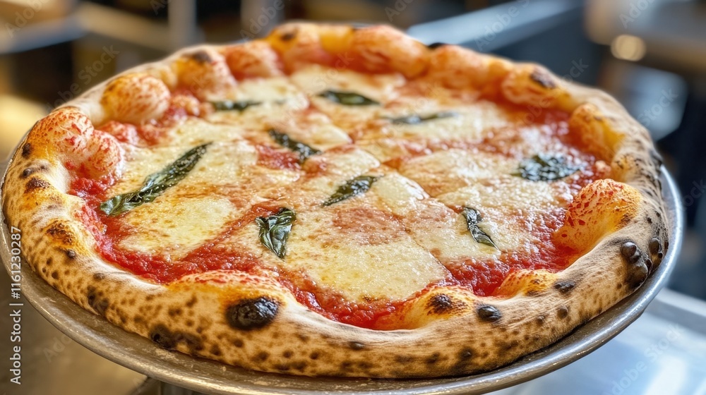 Delicious freshly baked italian margherita pizza with basil and cheese Delicious freshly baked italian margherita pizza with basil and cheese