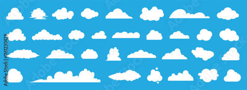 Flat cloud. Simple cloudy shapes. Cartoon white puffy, fluffy and cumulus clouds in blue sky. Abstract comic weather elements. Objects cloudscape for game. Vector collection.